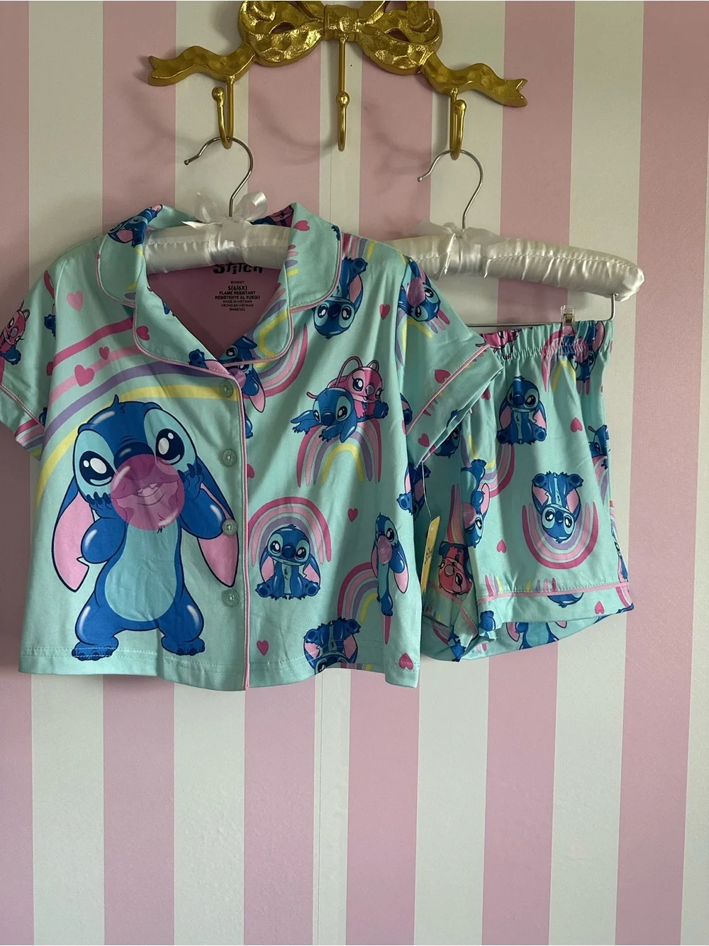 Disney Mint Blue Stitch Rainbow Short Pajama Set